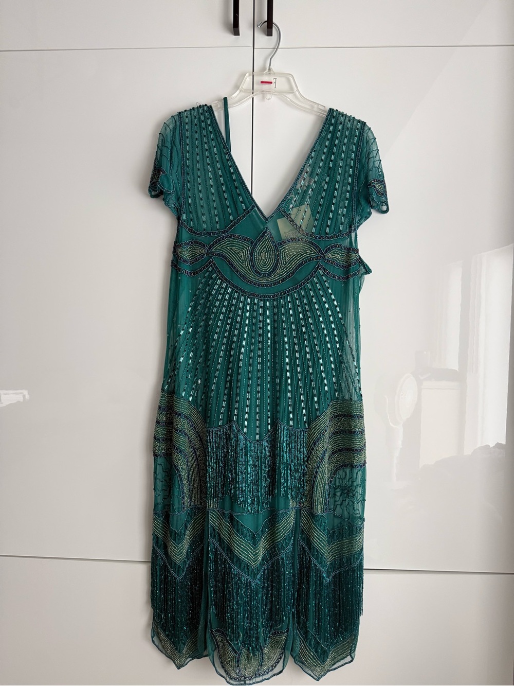 Teal Beaded V-Neck Midi Dress